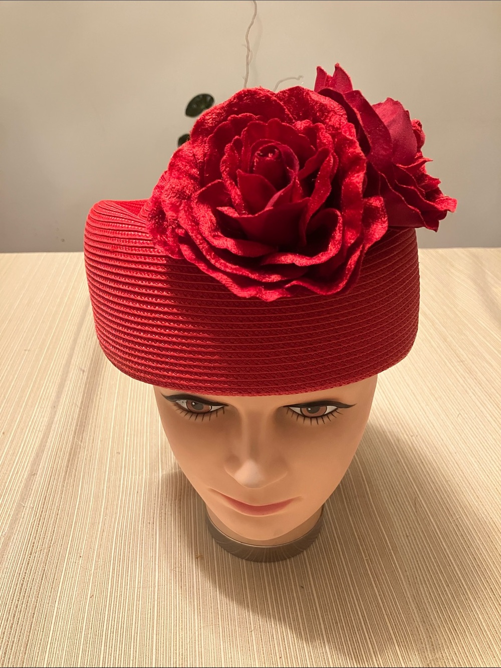 Red Floral Pillbox Hat with Rose Accent